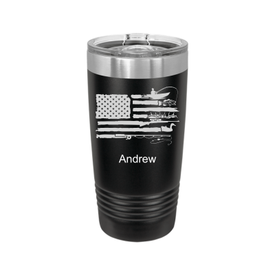 20oz American flag tumbler – stainless steel insulated cup with hunting and fishing laser engraved design