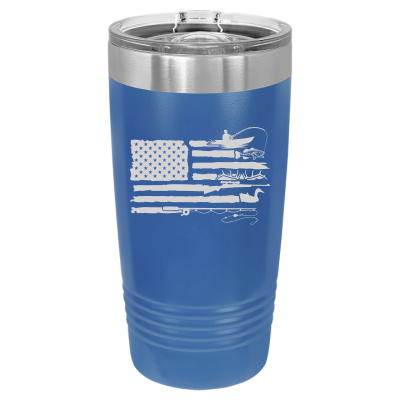Laser engraved 20oz tumbler featuring American flag with hunting and fishing theme – patriotic outdoorsman gift