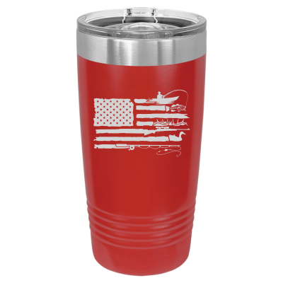 Laser engraved 20oz tumbler featuring American flag with hunting and fishing theme – patriotic outdoorsman gift