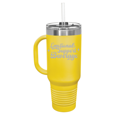 40oz stainless steel travel mug with handle and straw – engraved Emotional Support Beverage design, insulated tumble