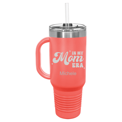 40oz insulated travel mug with handle and straw – In My Mom Era engraving, personalized Mother’s Day gift