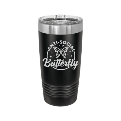 20oz insulated tumbler with slide lid – Anti-Social Butterfly engraving, funny personalized gift for introverts