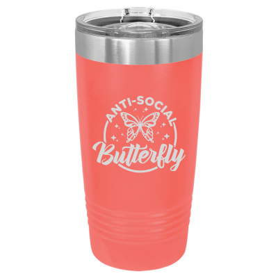 20oz insulated tumbler with slide lid – Anti-Social Butterfly engraving, funny personalized gift for introverts