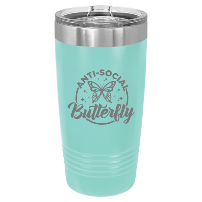 20oz stainless steel tumbler with slide lid – engraved Anti-Social Butterfly design, personalized insulated cup