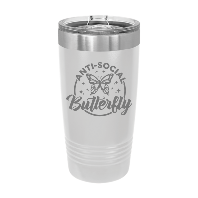 20oz stainless steel tumbler with slide lid – engraved Anti-Social Butterfly design, personalized insulated cup