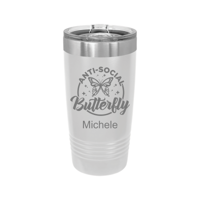 20oz stainless steel tumbler with slide lid – engraved Anti-Social Butterfly design, personalized insulated cup