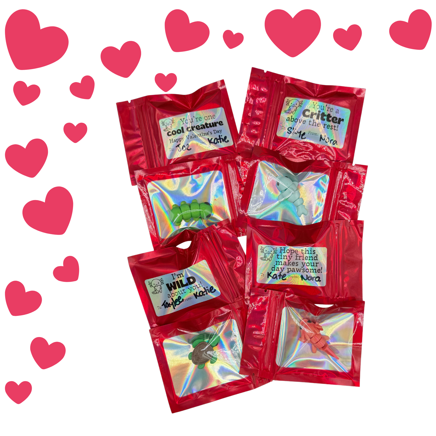 Kids Classroom Valentines with Mini 3d Printed Articulated Critters (Pack of 10)