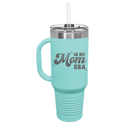 40oz stainless steel travel mug with handle and straw – engraved In My Mom Era design, insulated tumbler with personalization option