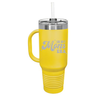 40oz stainless steel travel mug with handle and straw – engraved In My Mom Era design, insulated tumbler with personalization option