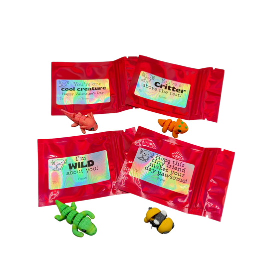 Kids Classroom Valentines with Mini 3d Printed Articulated Critters (Pack of 10)