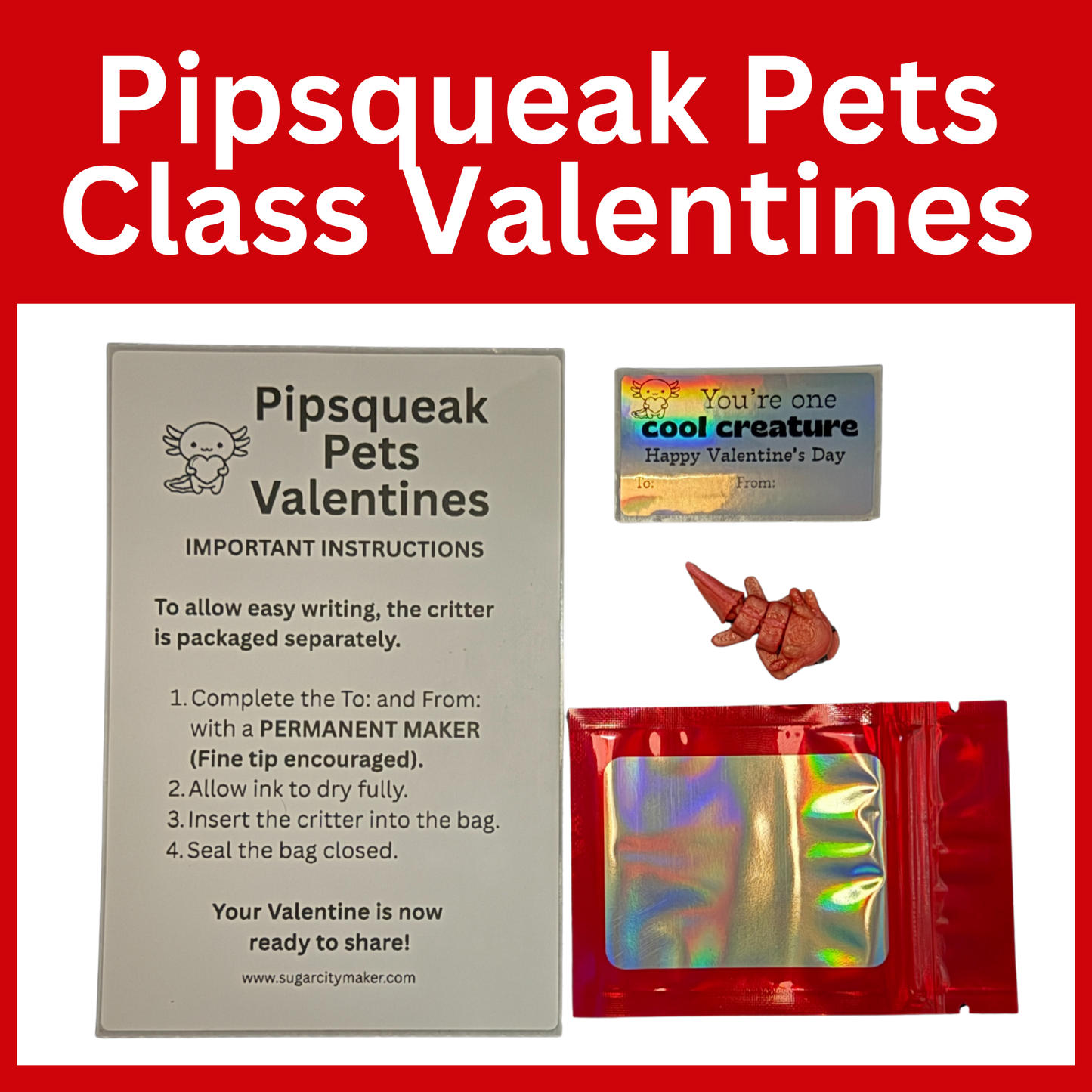 Kids Classroom Valentines with Mini 3d Printed Articulated Critters (Packs of 10)